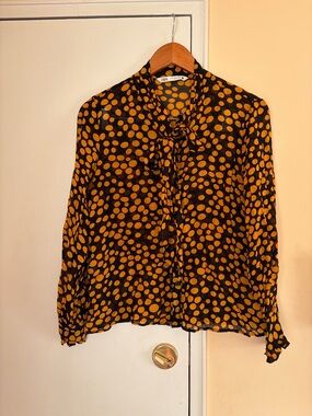 Zara Women's Black and Yellow Polka Dot Blouse